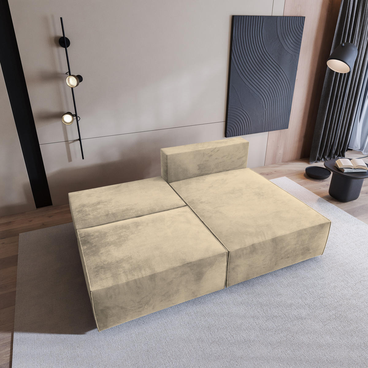 ECKSOFA FIORO M Creme Velours-Stoff mit Schlaffunktion - Creme, Holz (204/148cm) - MASSENO