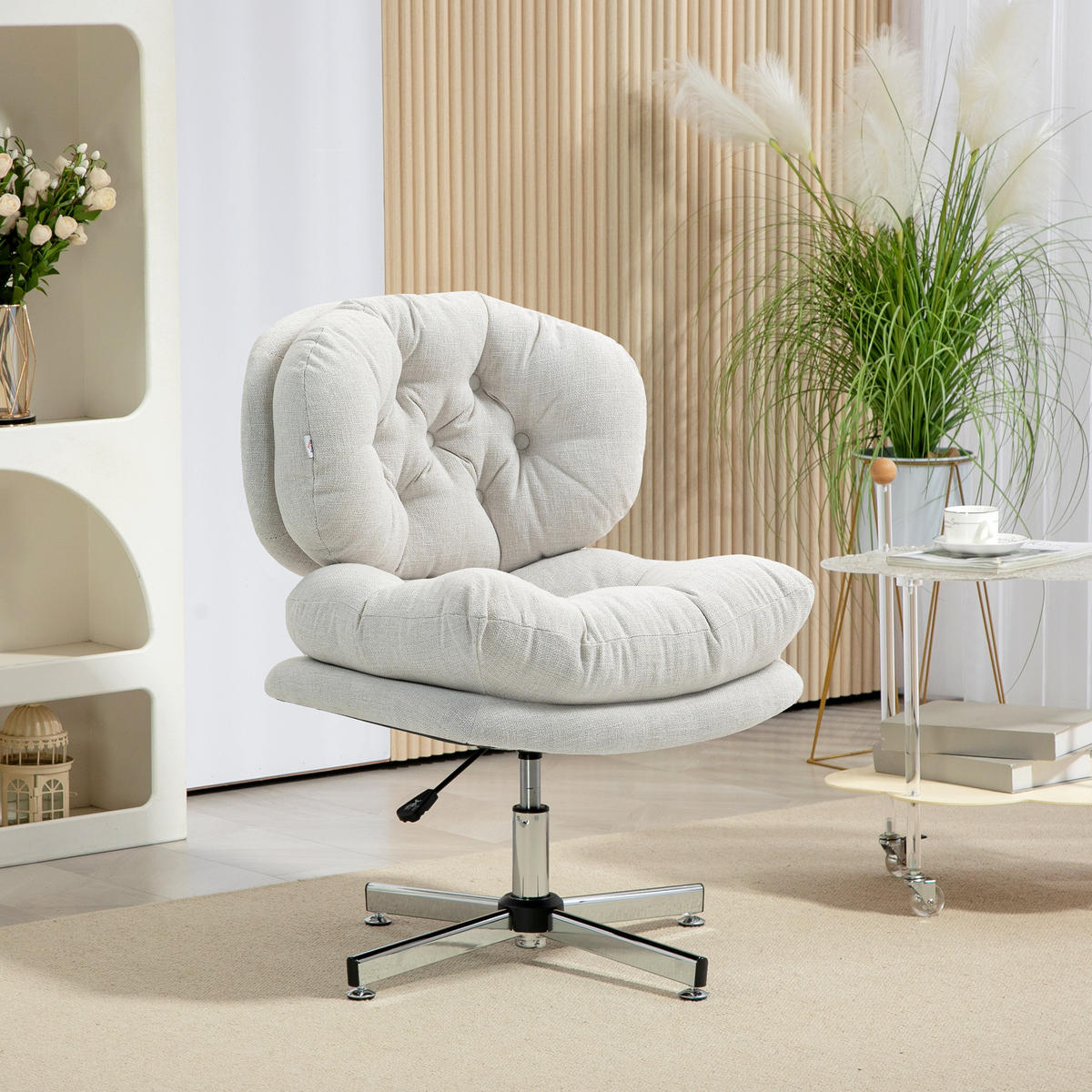 BÜROSTUHL, Gepolsterter Schneidersitz-Stuhl mit Leinenoptik, Cremeweiß - Silberfarben/Creme, Textil/Metall (65/94/65cm) - HOMCOM