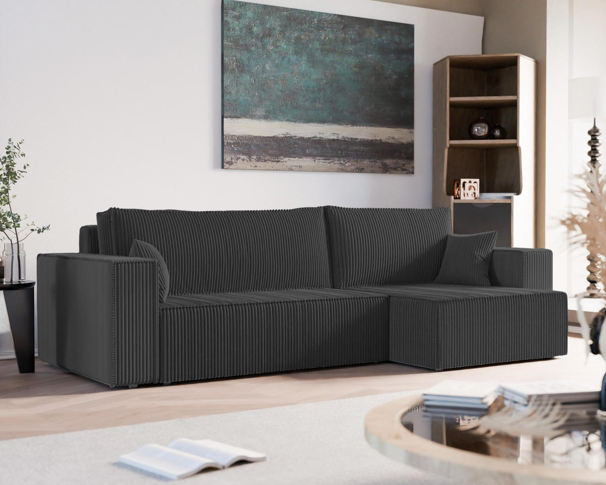 ECKSOFA mit Schlaffunktion und Bettkasten, Schwarz - Schwarz, Holzwerkstoff/Textil (145/276cm) - Idohome