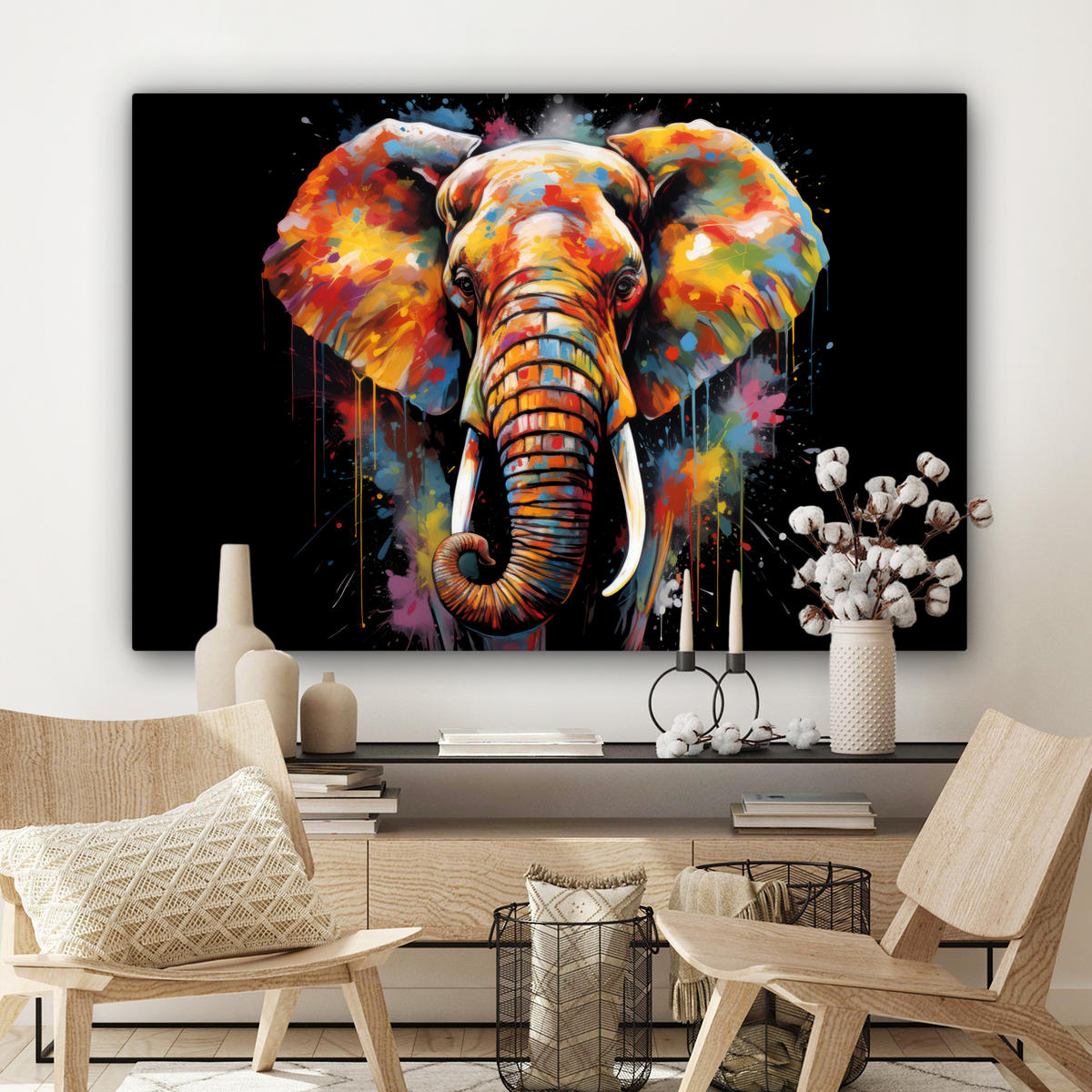 LEINWANDBILD Elefant - Graffiti - Schwarz - Tiere - Farben Wohnzimmer 120x80 cm - Schwarz, Textil (120/80cm) - MuchoWow