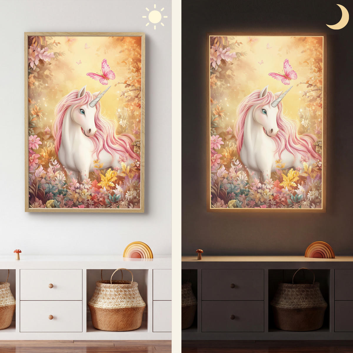 NÁSTĚNNÁ LAMPA S AKUMULÁTOREM Jednorožec - Květiny - Motýl - Růžová 60x90 cm - béžová, kompozitní dřevo (60/90/8cm) - OnlyWow