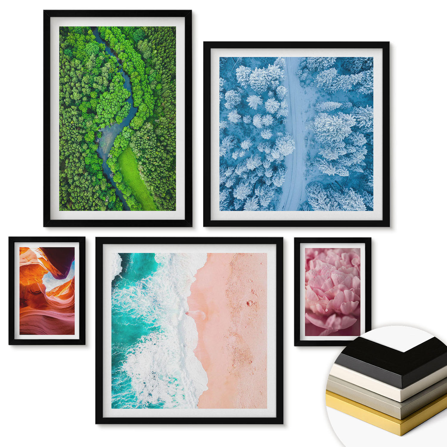 WANDBILDER 5er-Set - 50x50 cm & 20x30 cm & 40x60 cm Schwarzer Rahmen - Pferde, Bewegung, Strand, Leuchtturm, Berge - Schwarz, Kunststoff (40/60cm) - ArtPrintCave