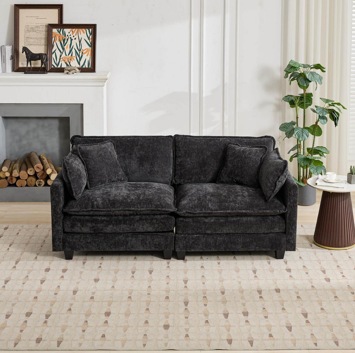 MODULSOFA flexibel kombinierbar Chenille Black - Schwarz, Holz (75/84/195cm) - Meubliv