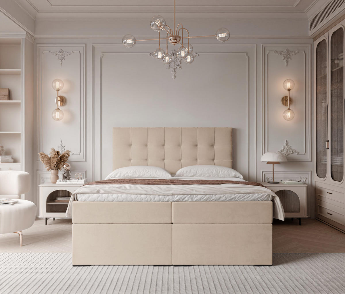 BOXBETT IMPERIAL 160/200 cm, in Hellbeige, mit Matratze und Topper - Sandfarben, Holzwerkstoff/Textil (160/200cm) - Idohome