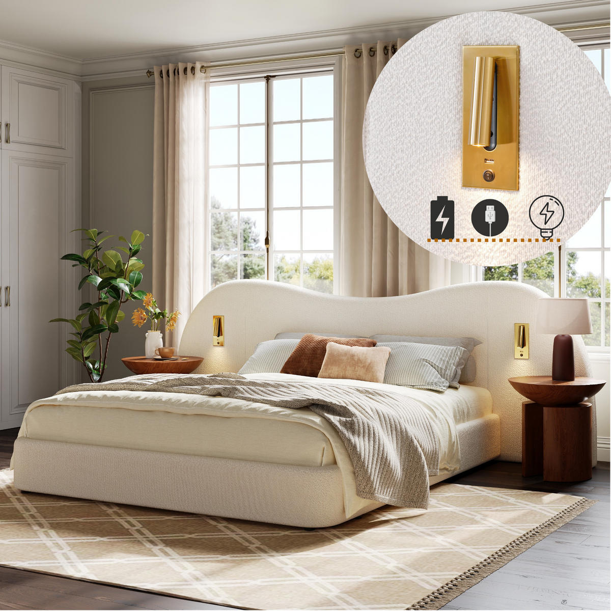 POLSTERBETT 180/200 cm weiß aus Bouclé mit hydraulischem Stauraum - Weiß, Textil (180/200cm) - OKWISH