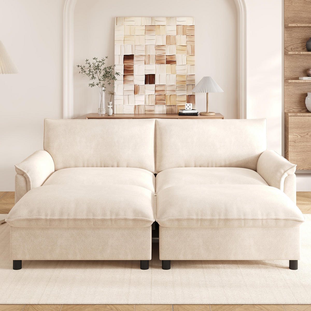 SOFA Beige U-Form Cloud Modular 2 Hocker Deep Seat 216cm - Beige, Textil (77/82/216cm) - FLIEKS