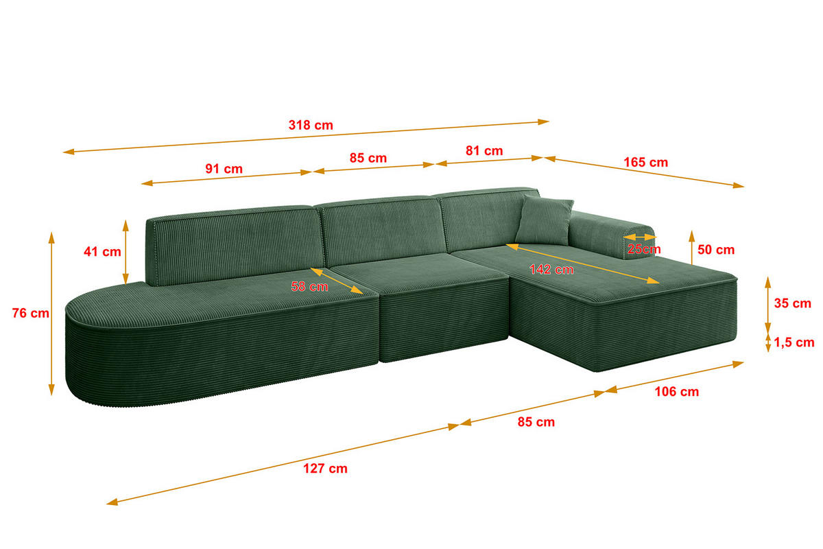 ECKSOFA Ottomane Rechts IREA-L2-v3 - 318x165x76 cm Grün - Grün, Holzwerkstoff/Textil (318/165cm) - ALTDECOR