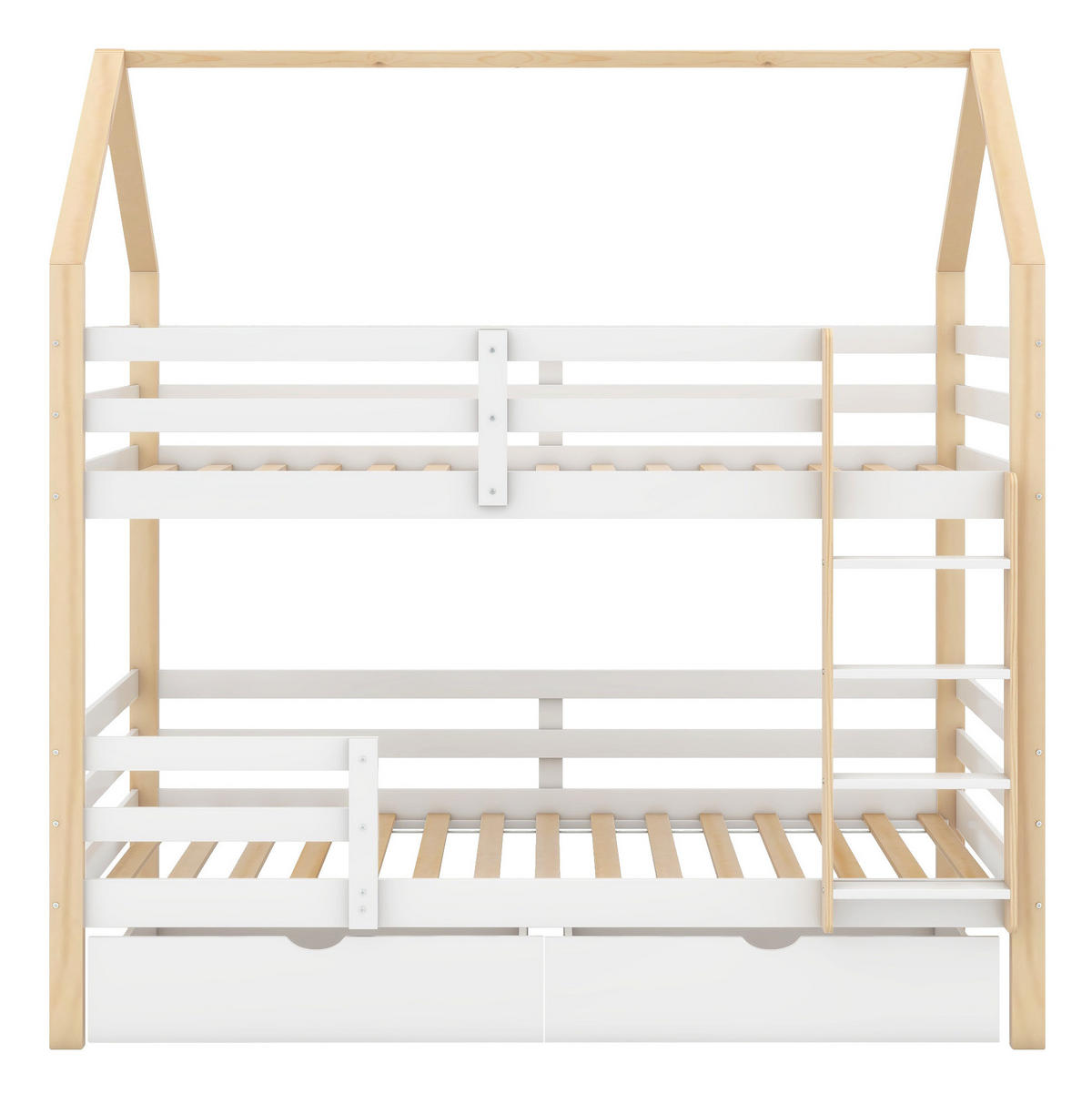 KINDERBETT in Hausform 90/200 cm mit Lattenrost, Rundum-Schutz und 2 Schubladen, Weiß/Eichefarben - Weiß, Holz (90/200cm) - Redom