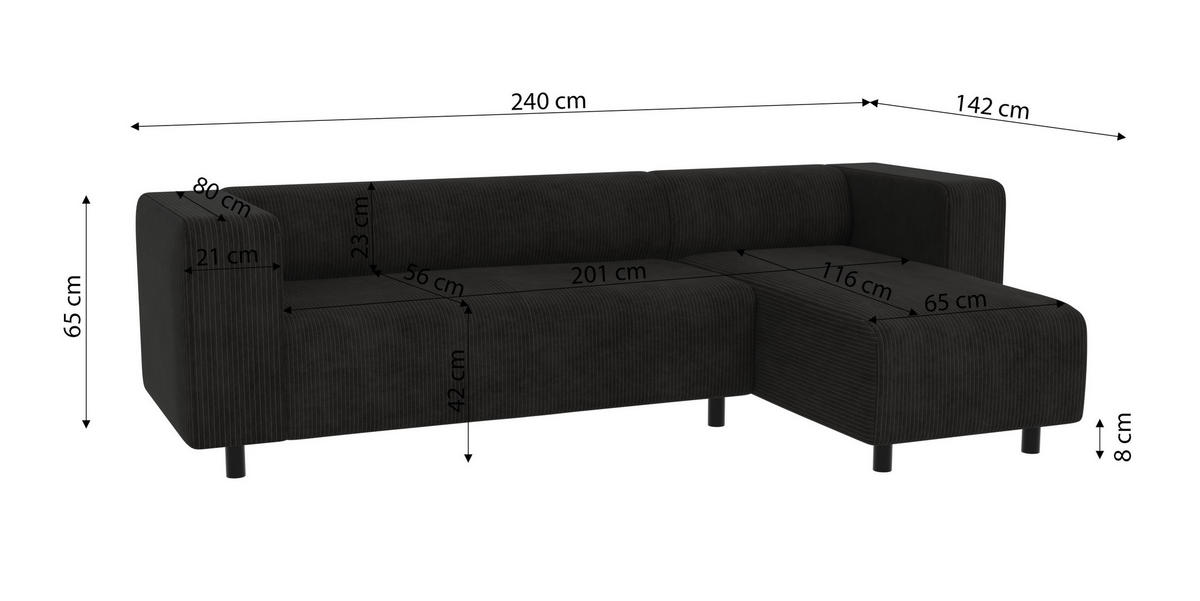 ECKSOFA Tove Schwarz Cord - Ottomane rechts - Schwarz, Holz/Kunststoff (240/142cm) - S-Style Möbel