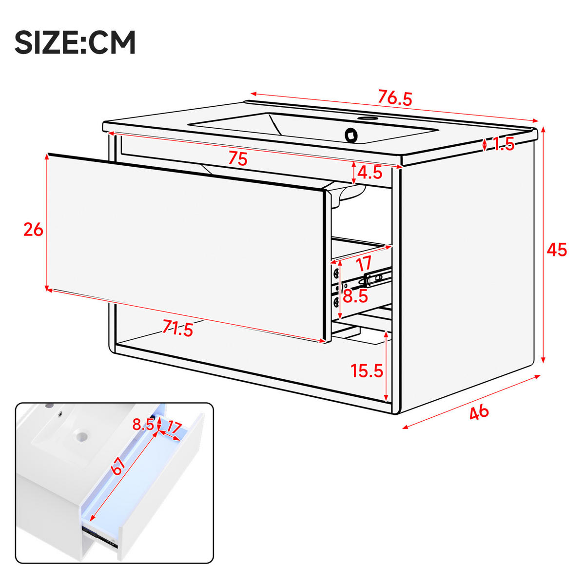 WASCHTISCHKOMBI 76,5/46/45 cm in Weiß mit LED-Sensorleuchte und Soft-Close - Weiß, Holzwerkstoff (76/45/46cm) - BEAOK