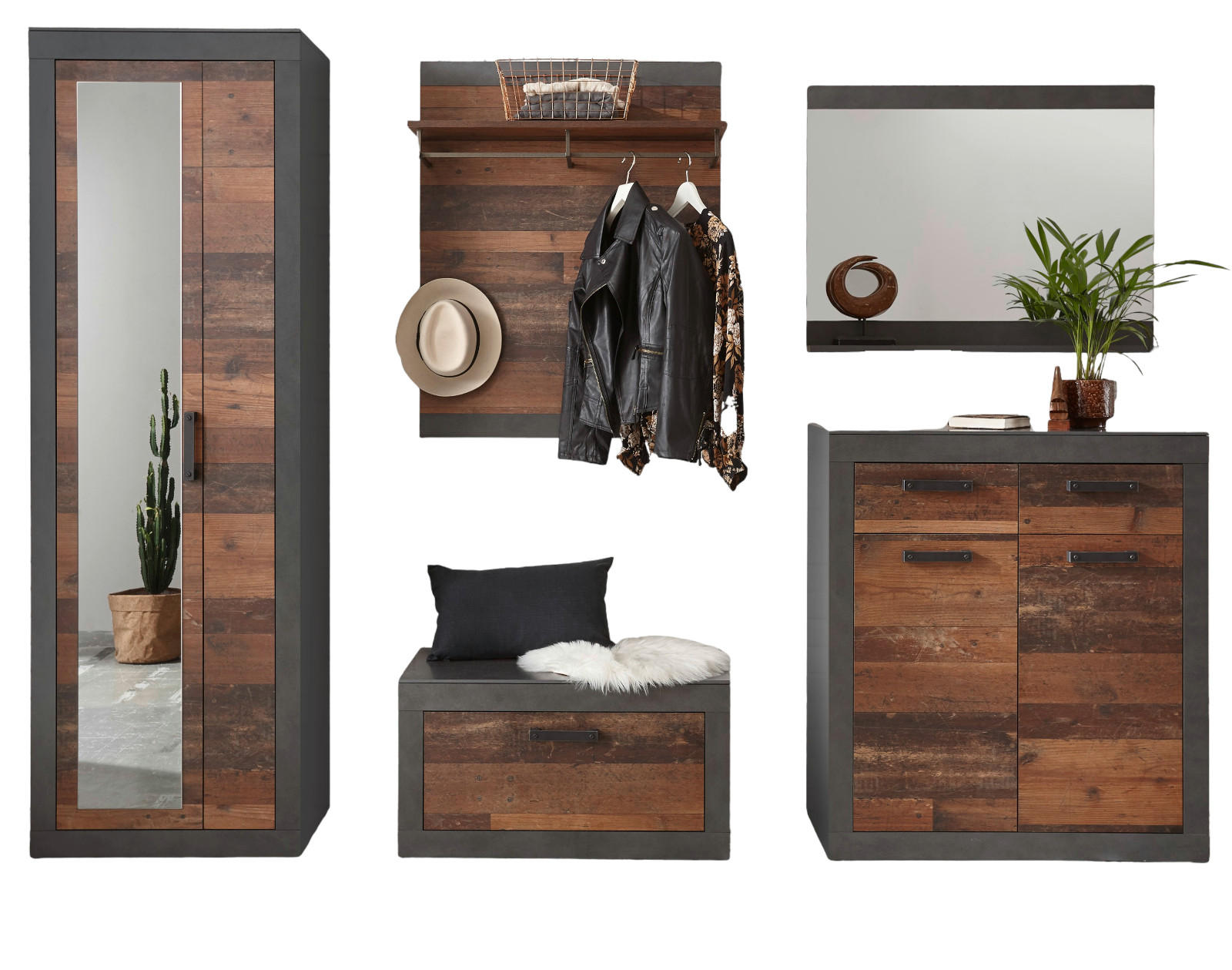 GARDEROBE Set 5-teilig Used Wood Shabby, Matera grau 277 cm - Silberfarben/Naturfarben, Glas/Holzwerkstoff (277/201/40cm) - Furn.Design
