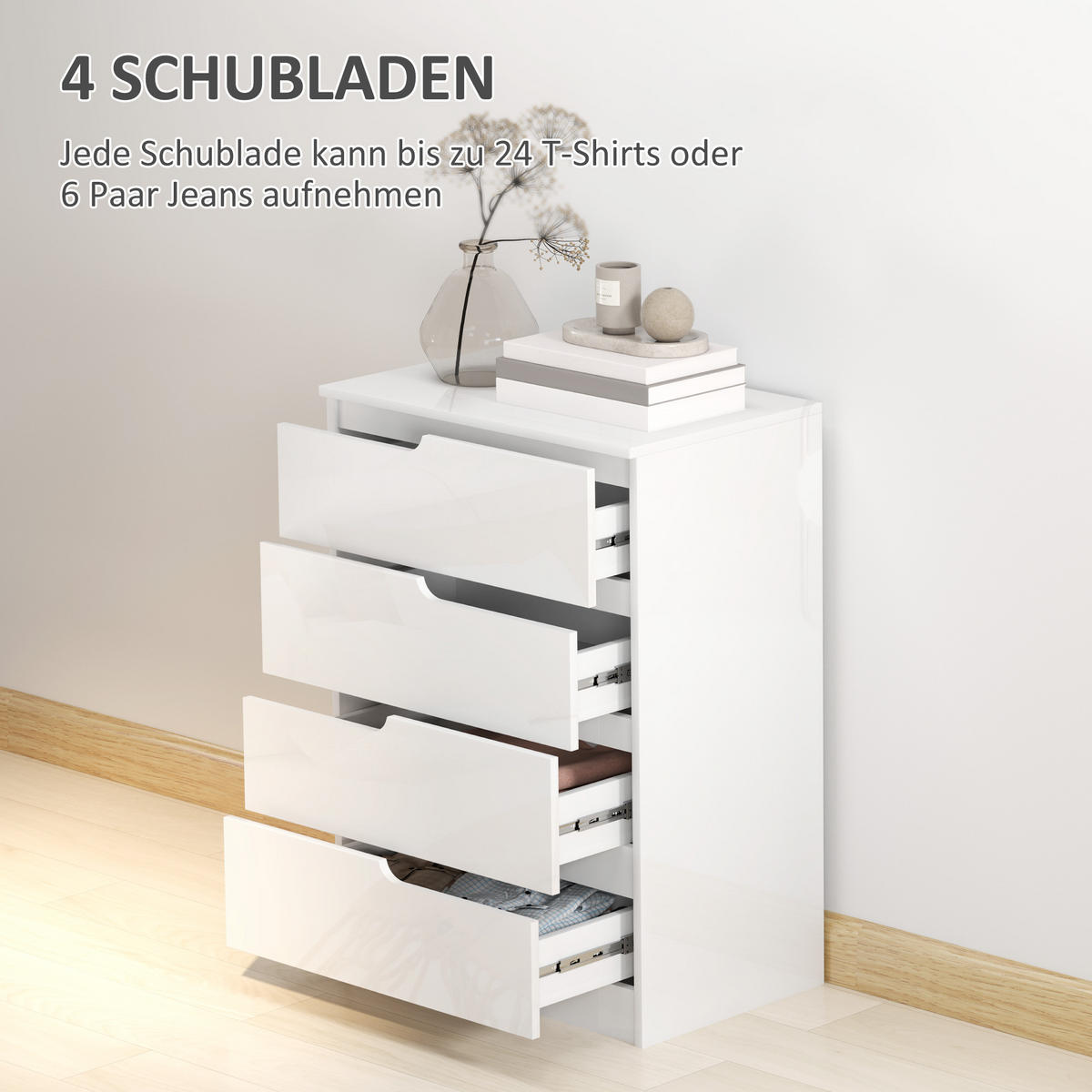 KOMMODE Beistellschrank mit 4 Schubladen, Hochglanzweiß 60 x 40 x 85cm - Weiß, Holzwerkstoff (60/85/40cm) - HOMCOM