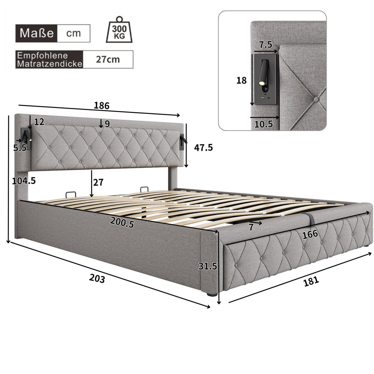 POLSTERBETT 180/200 cm aus Leinen mit Downlights, USB-Anschlüssen, hydraulischem Bettkasten und Lattenrost, Grau - Grau, Textil (180/200cm) - Redom