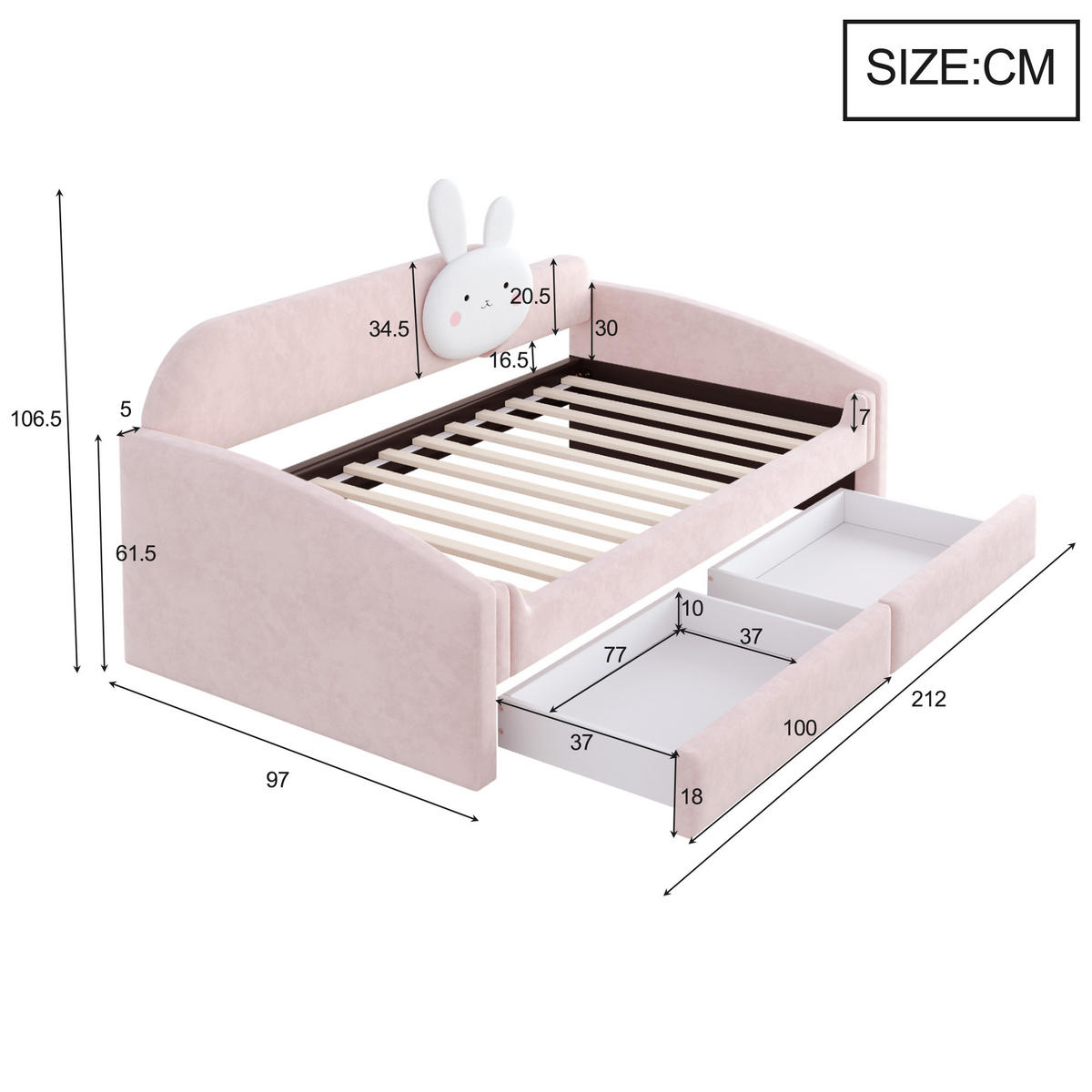 KINDERBETT 90/200 cm in Rosa mit 2 Schubladen, LED und Samt - Rosa, Holzwerkstoff/Textil - STILVORA
