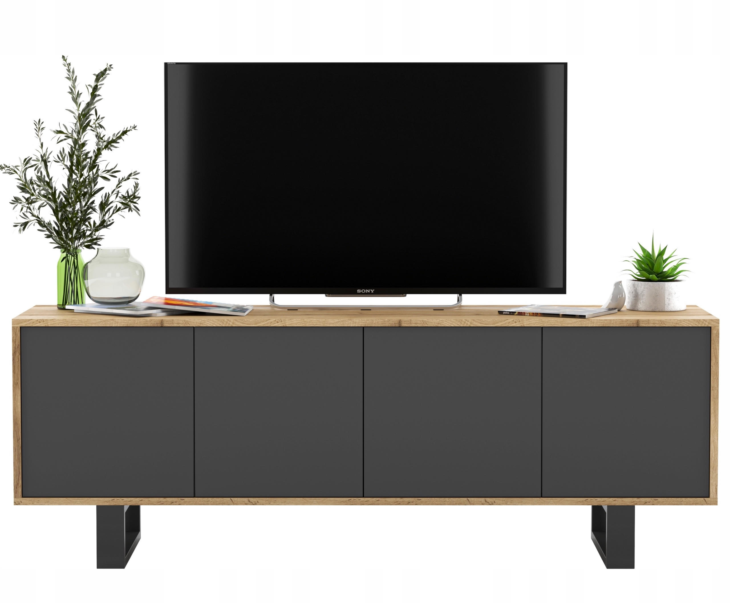 Meble Lindner TV stolek Apollo2 dub Wotan / grafit matný 150 cm s kovovými nohami