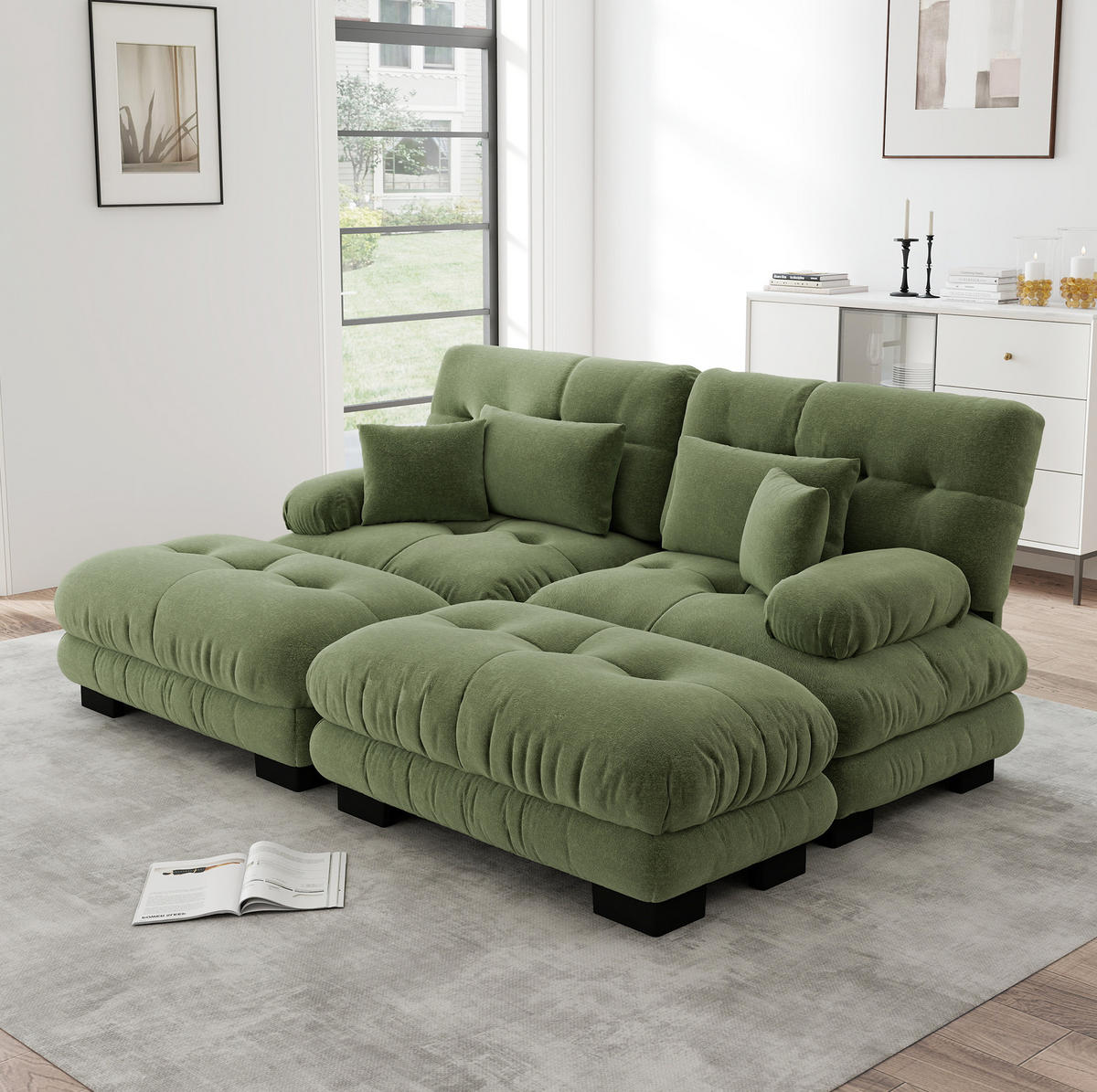 ECKSOFA 220/145/81 cm grün aus Chenille mit modularem Design, 2 Ottomanen und Kissen - Grün, Textil (145/220cm) - OKWISH