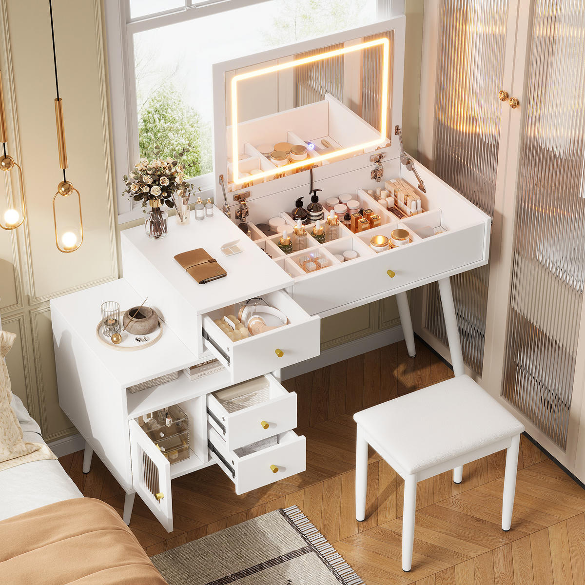 SCHMINKTISCH Set mit Hocker LED Spiegel Metallgriffe Modern - Weiß, Holzwerkstoff (120/77.5/50cm) - FLIEKS