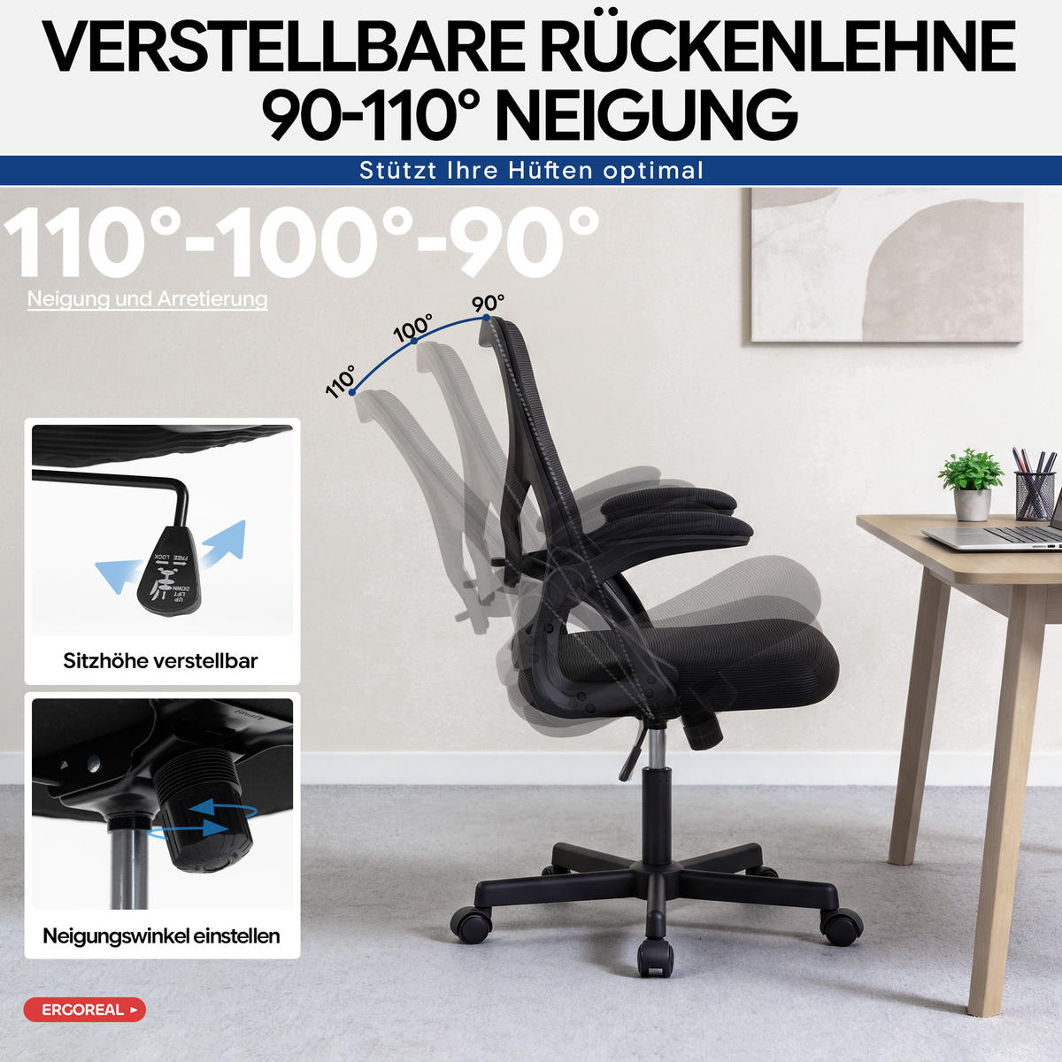 DREHSTUHL Schwarz mit verstellbare Rückenlehne und verstellbare Lendenwirbelstütze - Schwarz, Kunststoff (65/104/65cm) - Oxeza