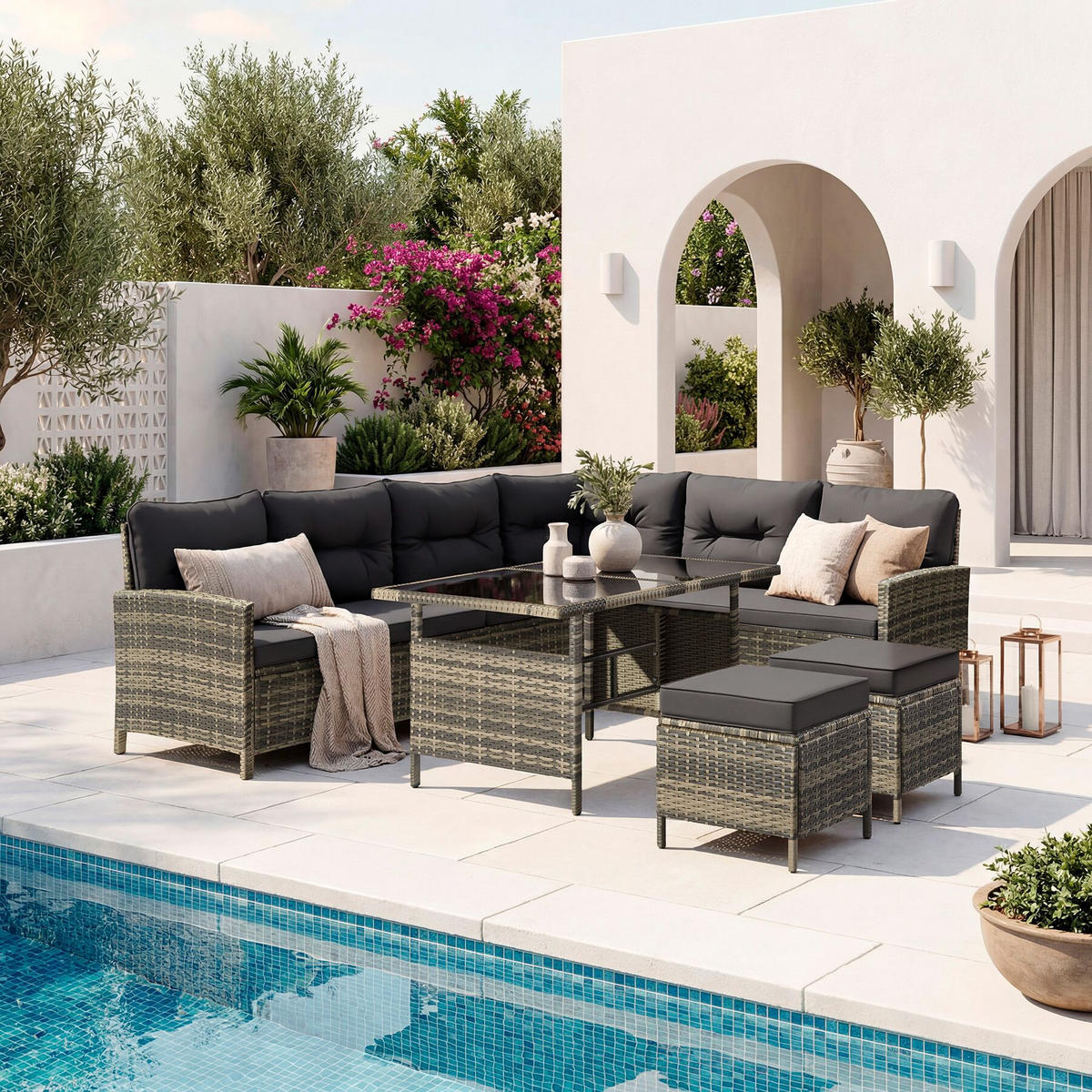 RATTANLOUNGE Barletta, mit Sicherheitsglasplatten, natur - Naturfarben, Kunststoff - tectake