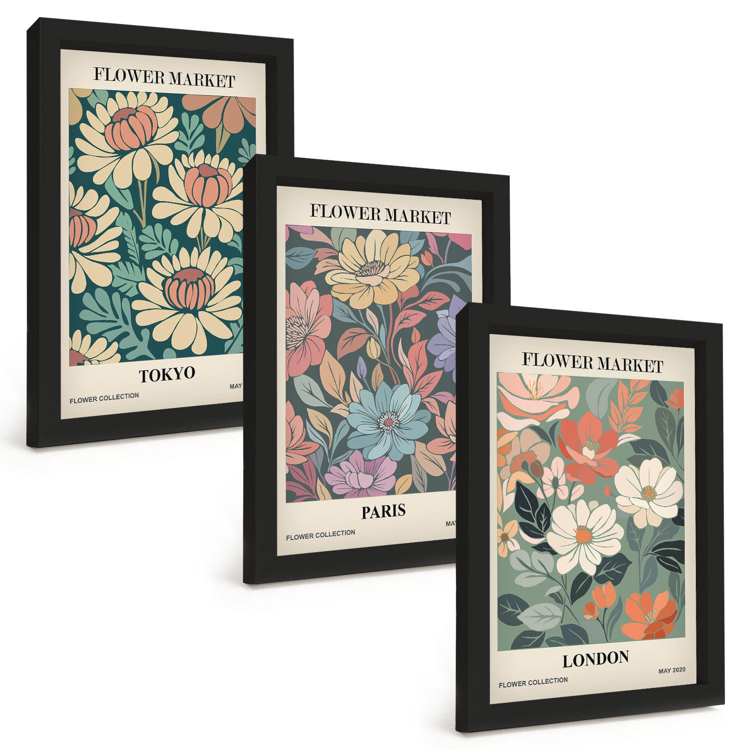 BILDER SET 3er Set - 20x30 cm Schwarzer Rahmen - Blumenposter Tokio Paris London - Schwarz, Kunststoff (20/30cm) - TULUP