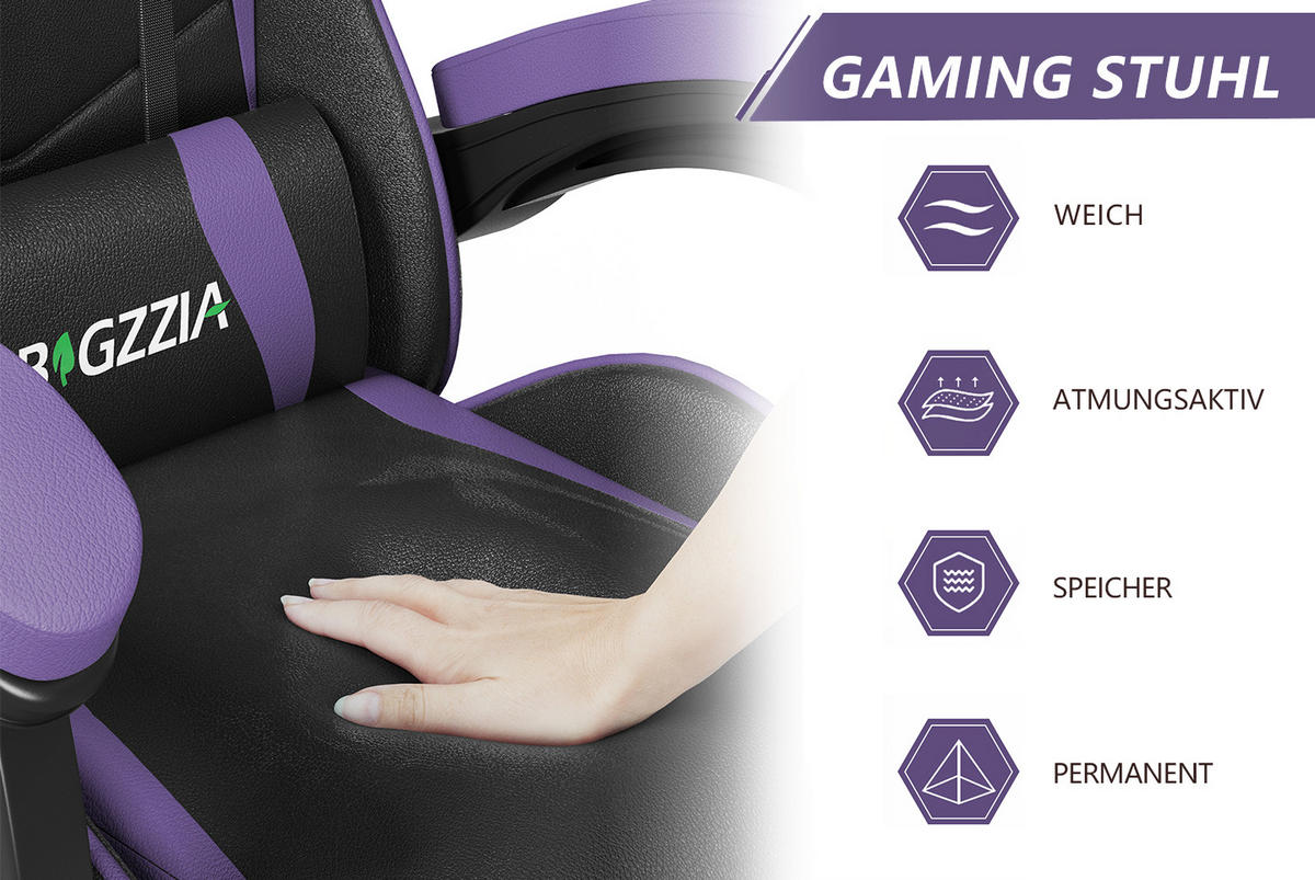 GAMING-STUHL ergonomisch, verstellbare Rückenlehne, Kissen – Schwarz/Lila - Lila, Leder (59/120/56cm) - Rattantree