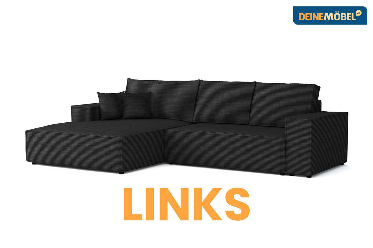 ECKSOFA MARCO 294/185 in Cord Schwarz mit Schlaffunktion links - Schwarz, Holz/Holzwerkstoff (294/185cm) - Deine Möbel 24
