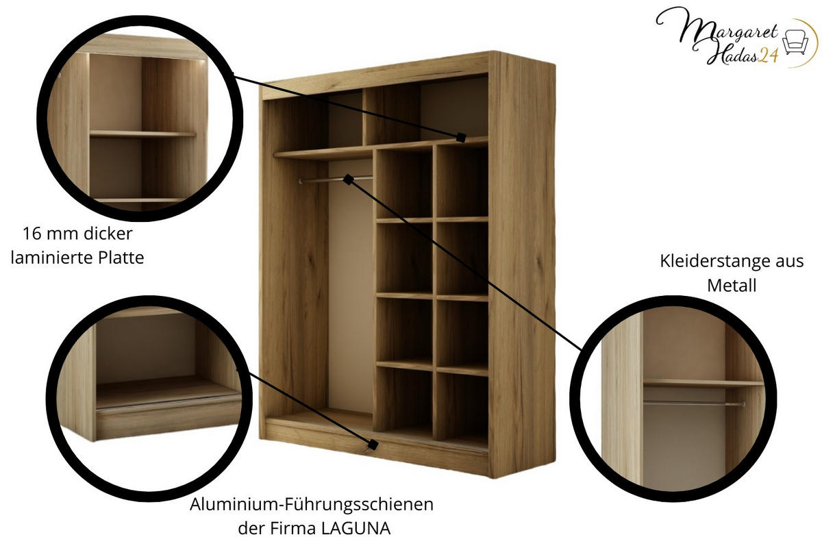 SCHWEBETÜRENSCHRANK Elsa 150 cm mit Spiegel 2-türig, Eiche sonoma - Sonoma Eiche, Kunststoff (150/215/61cm) - Margaret Hadas24