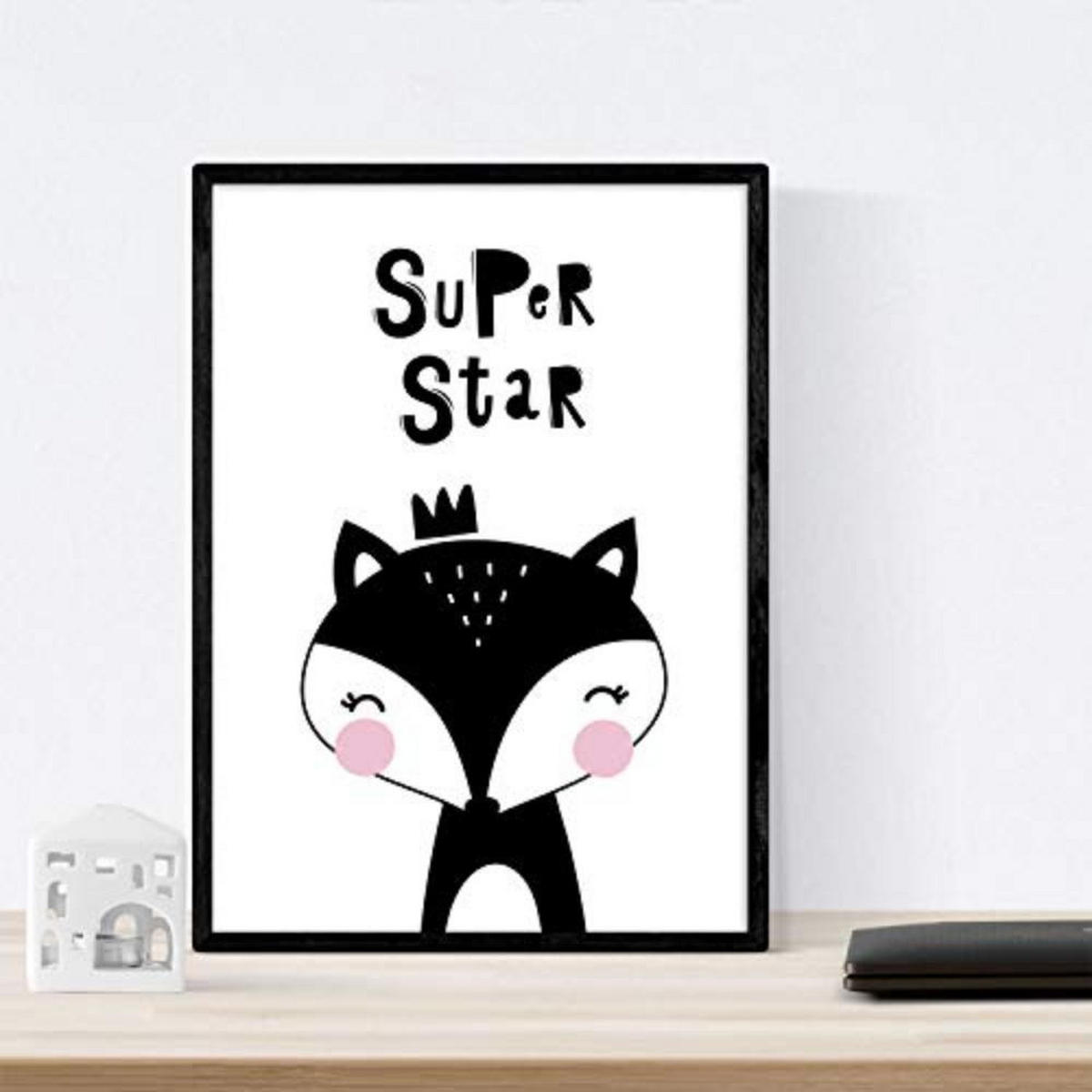 POSTER Set mit 4 Bär, faul, Eule und Fuchs Tieren A3 Schwarzer Rahmen - Schwarz, Papier (29.7/3cm) - Nacnic