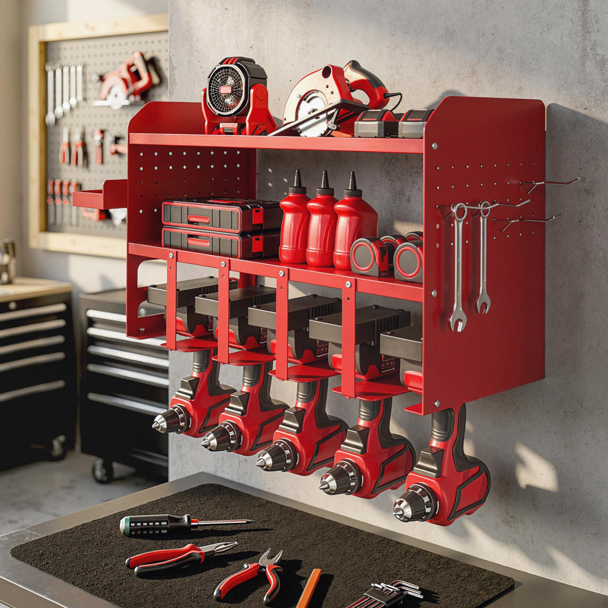 GARTENGERÄTE-ORGANIZER, 2-stöckiges Wandregal für Garage mit Ablagefläche und Haken, Aufbewahrungslösung - Multicolor, Kunststoff (23/32.7/61.8cm) - FORIOUS