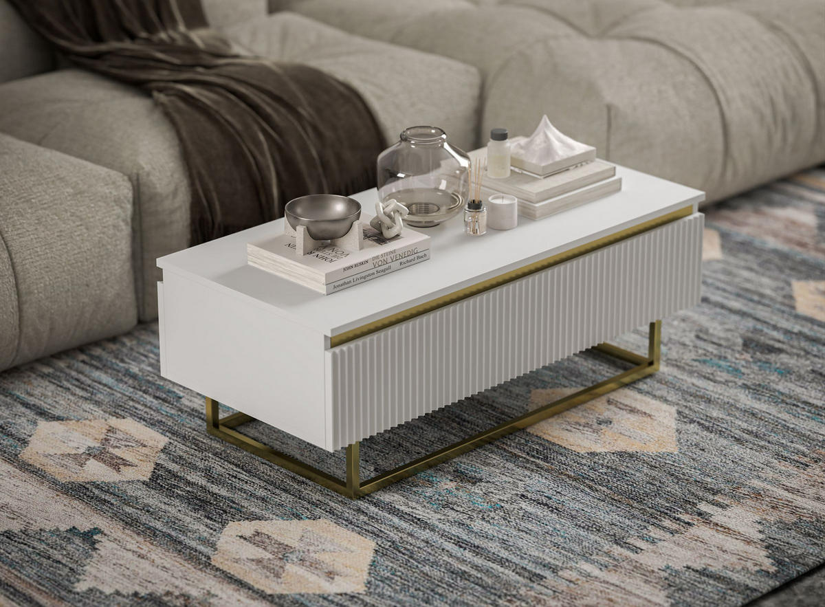COUCHTISCH Selene Weiß matt 109 cm mit Metallrahmen - Goldfarben/Weiß, Holzwerkstoff/Metall (50/109/39cm) - Meble Lindner