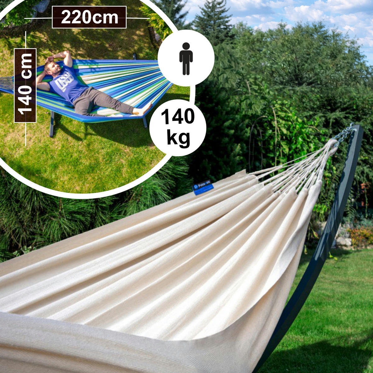 HÄNGEMATTE mit Verzinktem Gestell, 2 Personen, XL, 140 kg, Metall, Medelin Beige, einfache Montage - Ecru, Metall (370/130/120cm) - Potenza