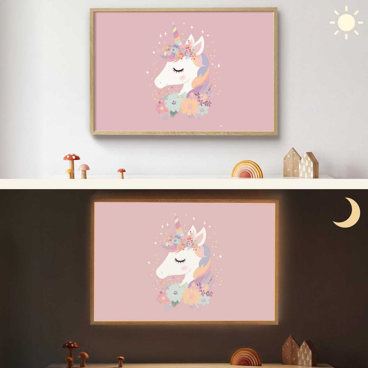 NÁSTĚNNÁ LAMPA S AKUMULÁTOREM Jednorožec - růžová - květiny 100x70 cm - růžová, kompozitní dřevo (100/70/8cm) - OnlyWow