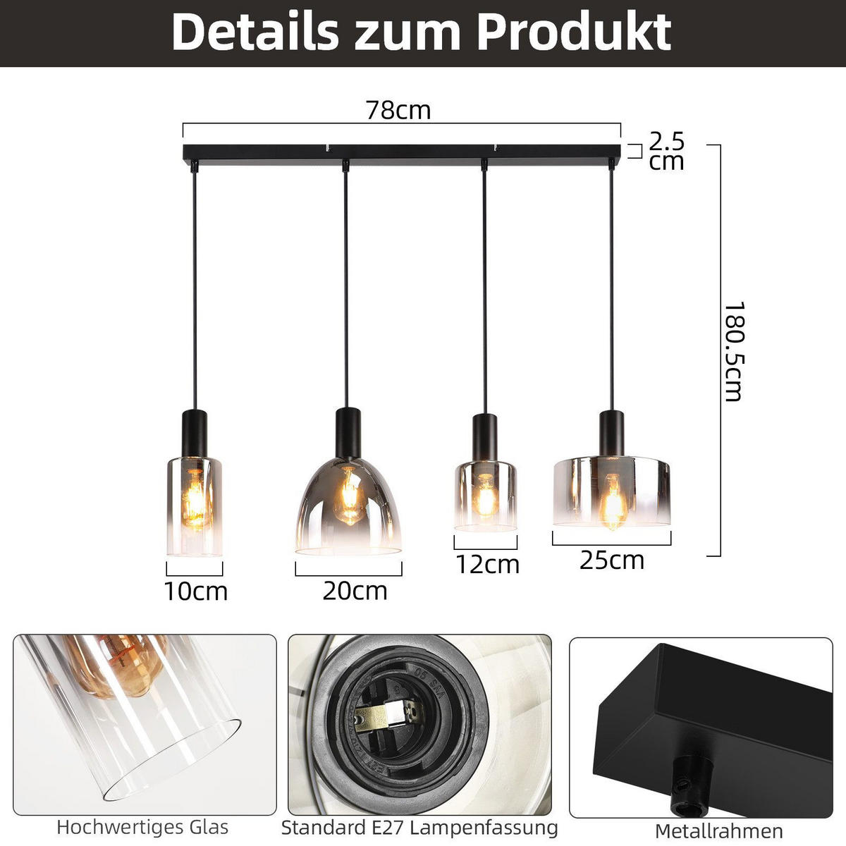 HÄNGELEUCHTE Marsiglio 78/5/180.5 cm - Schwarz, Metall (5/78/180.5cm) - Nettlife