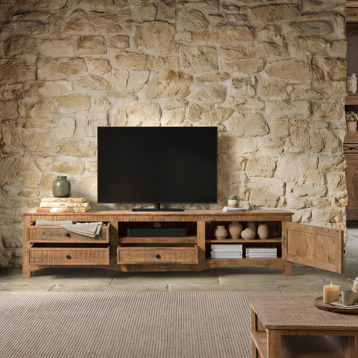 TV-BOARD Akazie 220x40x50 natur versiegelt NATURE OF SPIRIT #244 - Naturfarben, Holz (220/50/40cm) - Massivmoebel24
