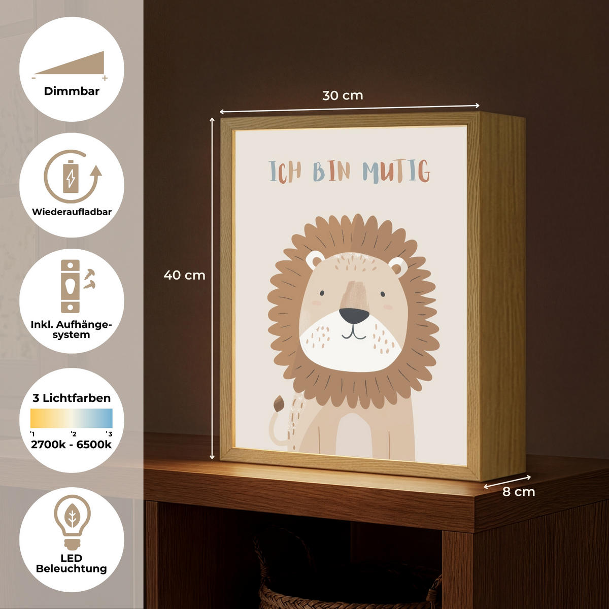 WANDLEUCHTE MIT AKKU Löwe - Beige - Tier - Mutig - Zitat 30x40 cm - Beige, Holzwerkstoff (30/40/8cm) - OnlyWow
