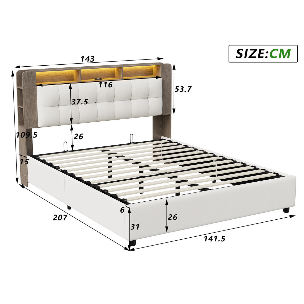 POLSTERBETT Holzdekor 140/200 cm mit Bettkasten & Qi-Ladepad Samtoptik Beige - Beige, Textil (140/200cm) - Creahappy
