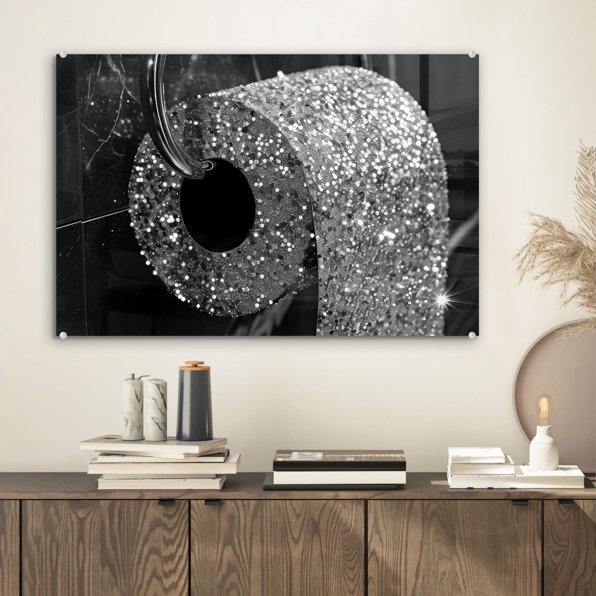 ACRYLGLASBILD WC - Toilettenpapier - Schwarz und weiß - Glitter 60x40 cm - Silberfarben, Glas (60/40cm) - MuchoWow