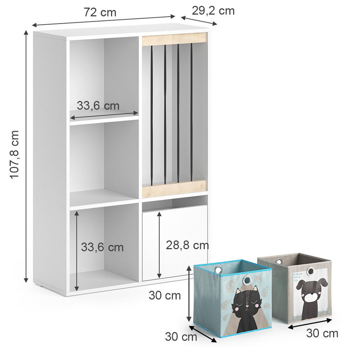 KINDERREGAL Luigi Weiß 72 x 107.8 cm mit 2 Faltboxen opt.4 - Weiß, Holzwerkstoff (29.2/107.8/72cm) - Vicco