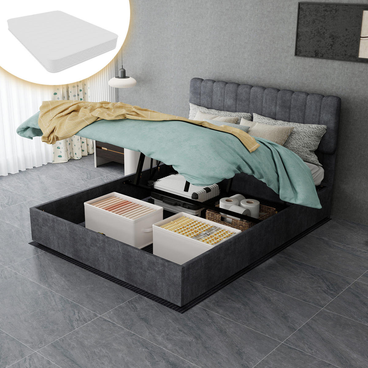 POLSTERBETT 140/200 cm DE-32948 mit Stauraum Grau - Grau, Metall (140/200cm) - ComfortXL