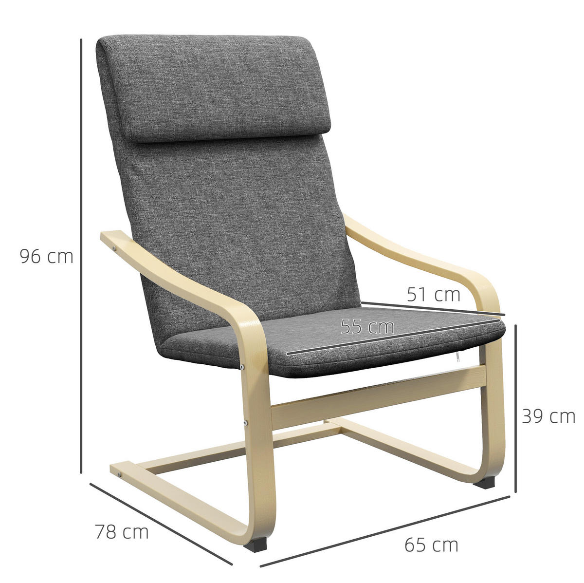 RELAXSESSEL Leinenoptik mit Kopfstütze, C-Holzgestell 78/65/96 cm Dunkelgrau - Dunkelgrau, Textil (65/96/78cm) - Redom