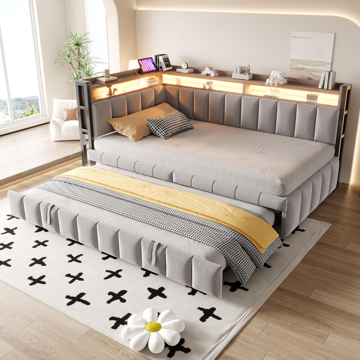 SCHLAFSOFA 90/200 cm & 90/190 cm in Hellgrau Samt mit LED, USB und Ablage - Hellgrau, Holzwerkstoff/Textil (90/200cm) - WISHDOR