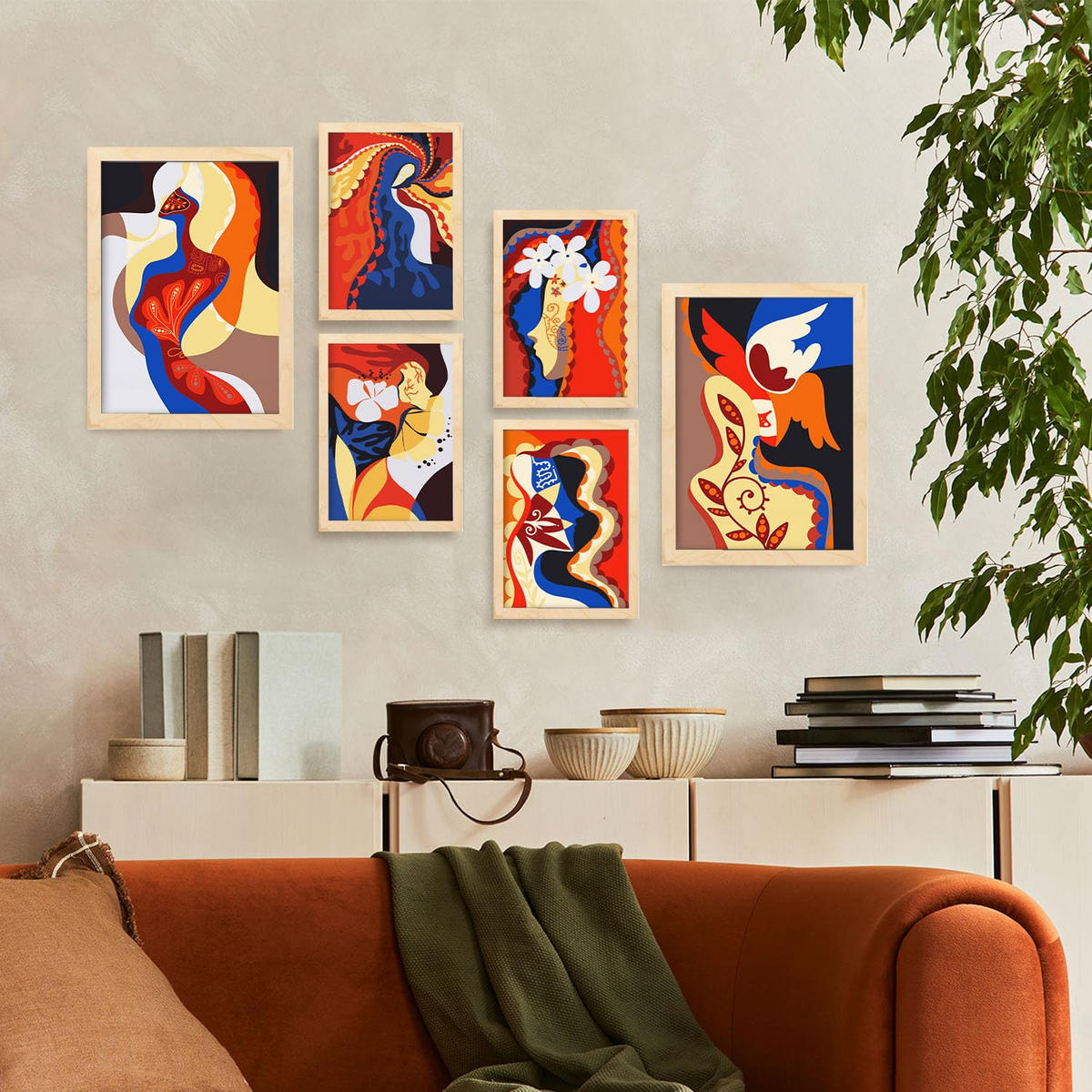 POSTER Set Mit 6 Begeisterte Meisterschaft In Weibliche Zusammenfassung Ästhetische Dekorative Gemälde Für Ihr Zuhause A3 & A4 Rahmen Aus Hellem Holz - Beige, Papier (29/3cm) - Nacnic
