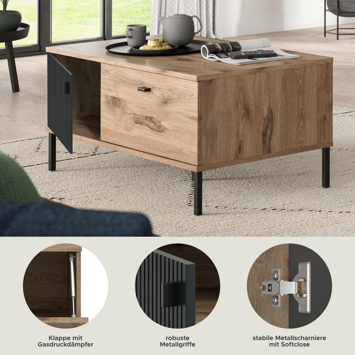 COUCHTISCH CHESS (B/H/T: ca. 100/48/60 cm) in Nox Oak Nachbildung/schwarz - Eichefarben, Holzwerkstoff (60/100/48cm)