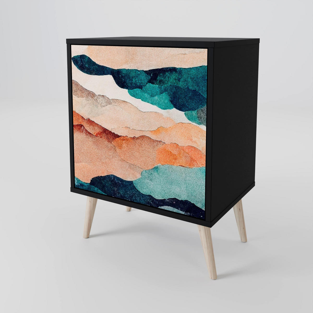 SIDEBOARD ABSTRACT LANDSCAPE, Schwarz, 57,5x42x72,5 cm, Schwarze Metallfüße - Multicolor/Schwarz, Holzwerkstoff/Metall (57.5/72.5/42cm) - SpaceRebels