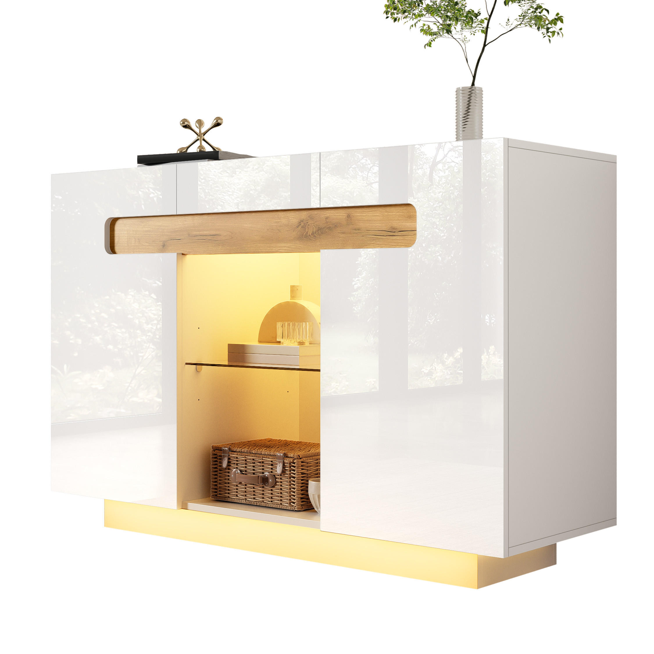 SIDEBOARD i vit med låda och LED, högblank front, B120/D40/H80 cm, för vardagsrum och kök 80/120/40 cm