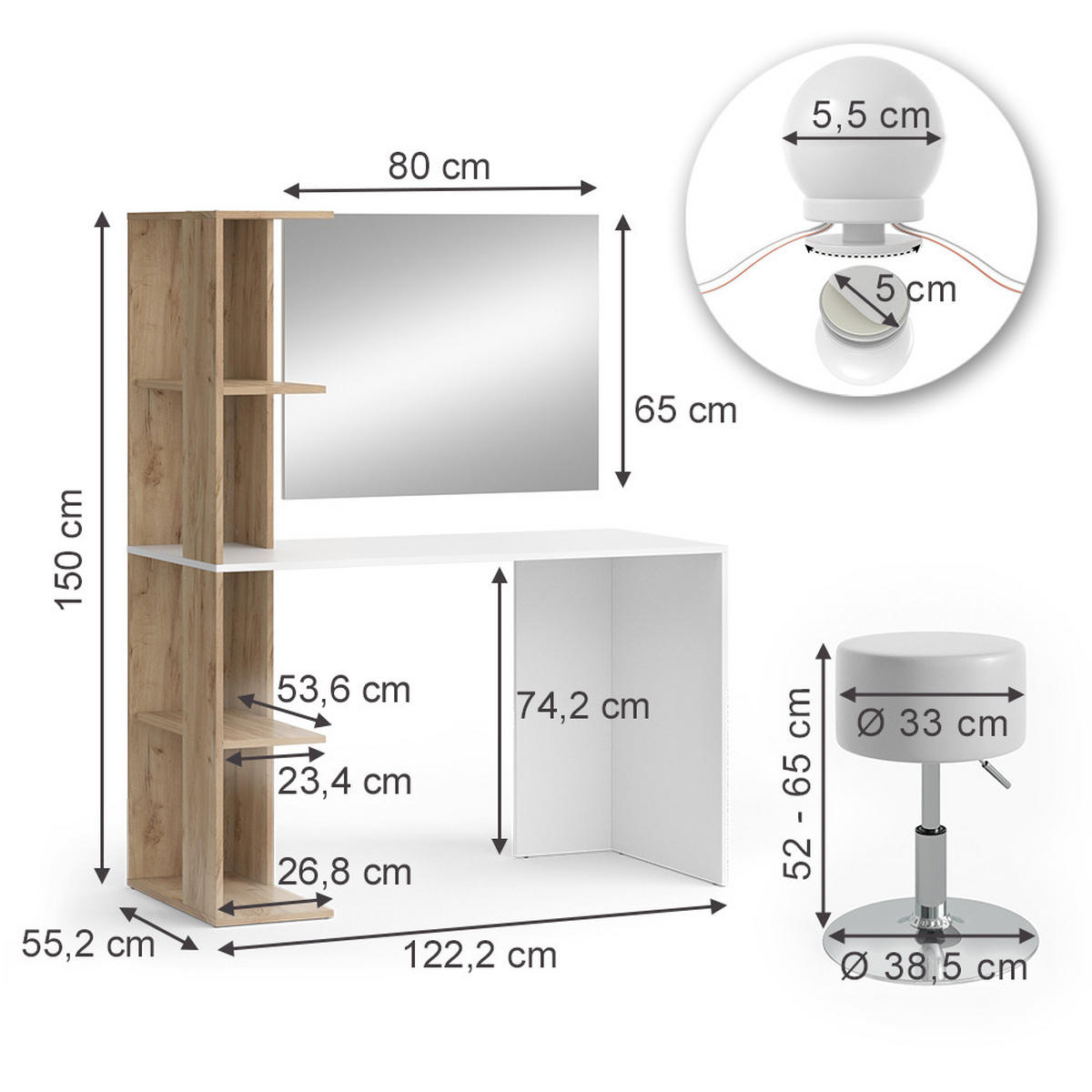 SCHMINKTISCH Tower Weiß/Sonoma 122.2 cm mit Beleuchtung und Hocker - Weiß/Sonoma Eiche, Holzwerkstoff (122.2/75.8/55.2cm) - Vicco