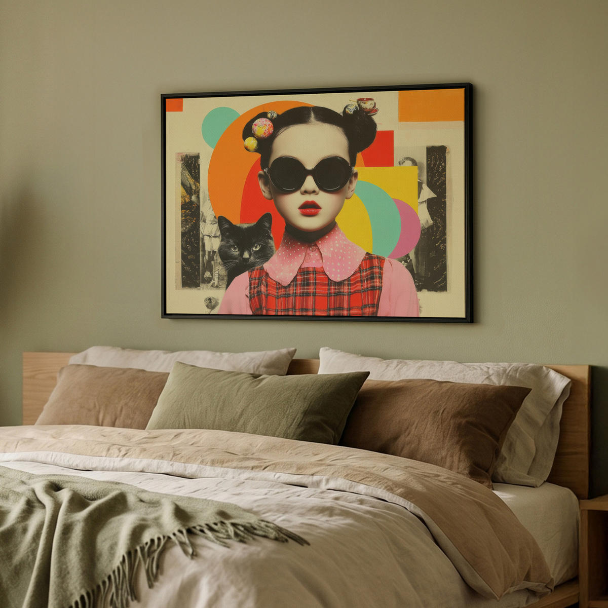 LEINWAND Bilder mit Rahmen - Mädchen - Sonnenbrille - Katze - Retro - 70x50 - Beige, Textil (70/50cm) - MuchoWow