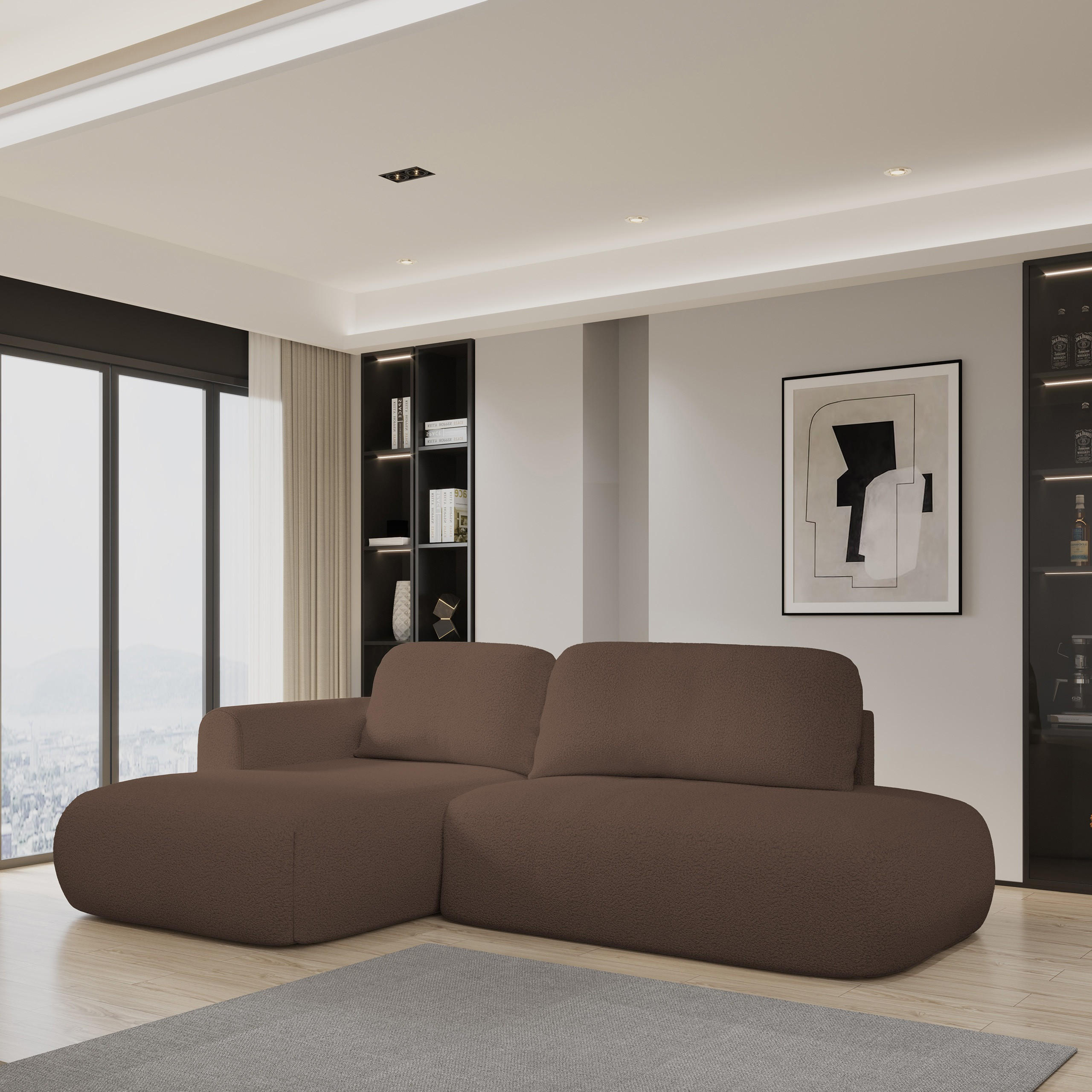 ECKSOFA NUVIRA L-S Braun Boucle-Stoff mit Schlaffunktion - Braun, Holz (274/165cm) - MASSENO