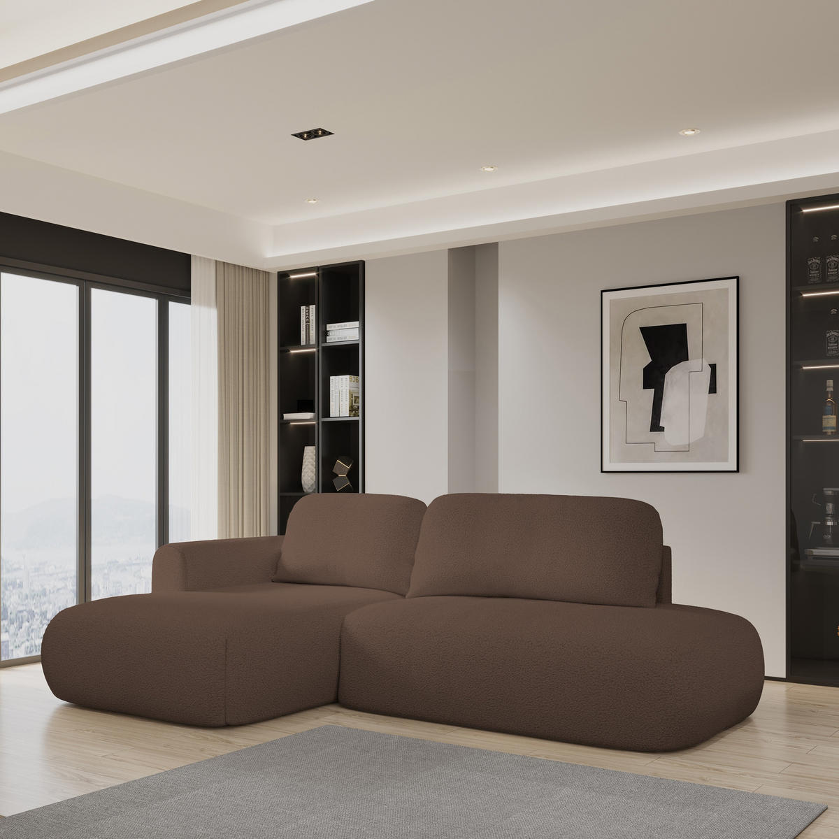 ECKSOFA NUVIRA L-S Braun Boucle-Stoff mit Schlaffunktion - Braun, Holz (274/165cm) - MASSENO