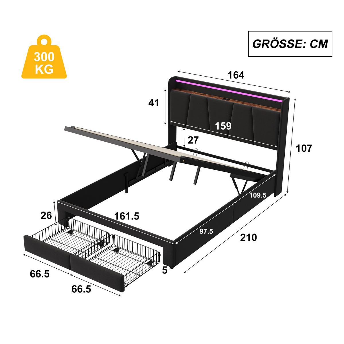 POLSTERBETT 160x200 cm, Bett mit LED-Beleuchtung, Grau Leinen - Schwarz, Metall (160/200cm)